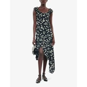 The Kooples Women's Black White Daisy-print Asymmetric Hem Midi Dress Size 2